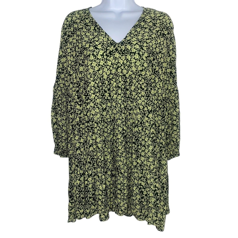 Zara Ditsy Floral Print Flowing Tiered V Neck Mini Dress Black Green Small